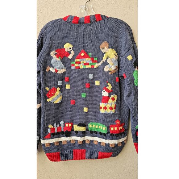 Vintage Hand Knit Boy Mom Cardigan Sweater Size M Multi Soccer Legos‎ FUN Unique - Picture 6 of 9